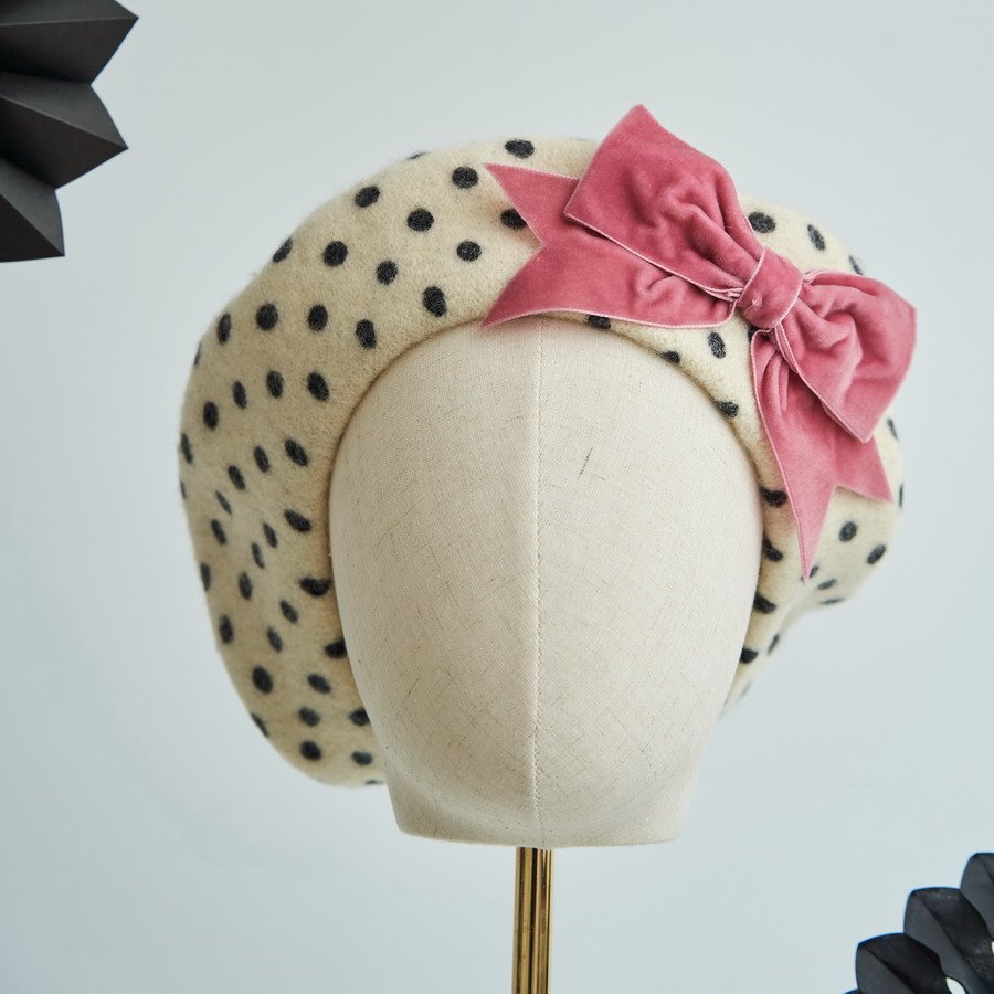 Ivory Polka Dot Beret with Rose Pink Velvet Ribbon Bow
