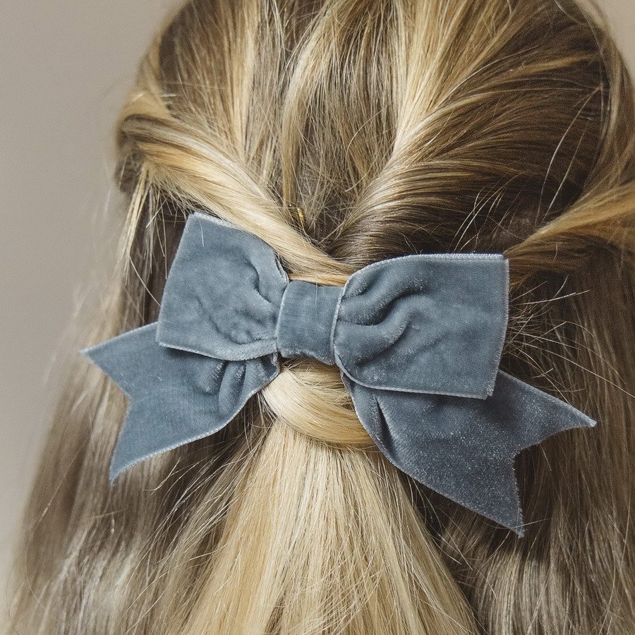 Silver Grey Bow Hair Clip Handmade with Velvet Ribbon