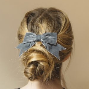 Grey Velvet Ribbon Bow Hair Clip worn with a low messy bun