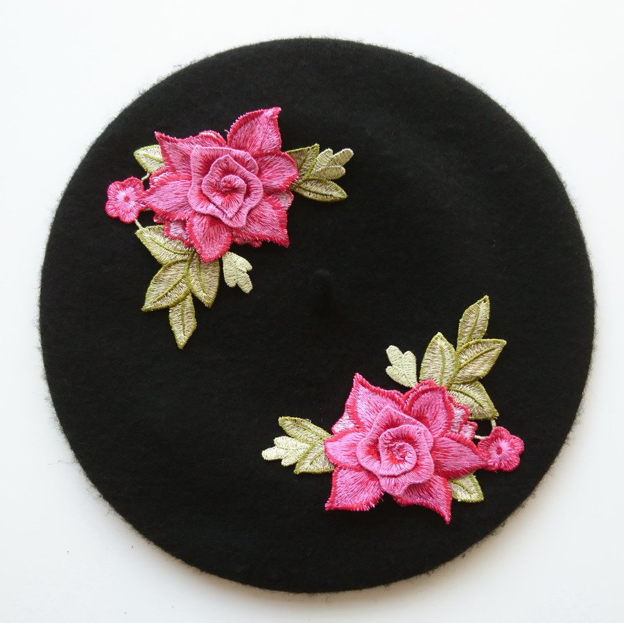 Black Beret with Pink Roses