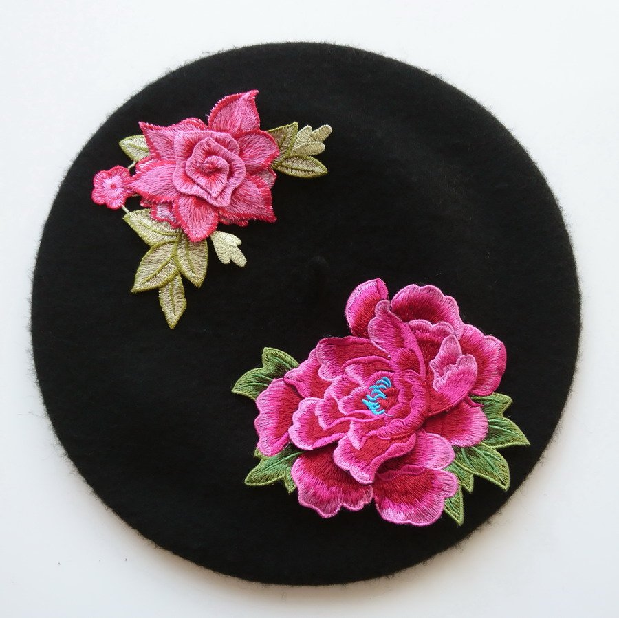 Black Beret with Pink Embroidery Flowers