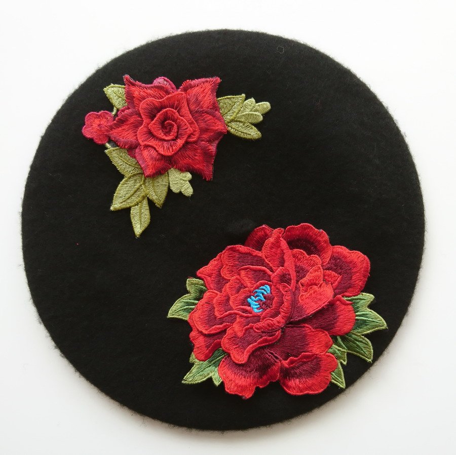 Black Beret with Red Embroidery Flowers