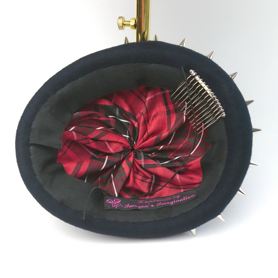 Navy Felt Cocktail Hat with Red Silk Tartan Lining, Bespoke Small Hat by Imogen's Imagination