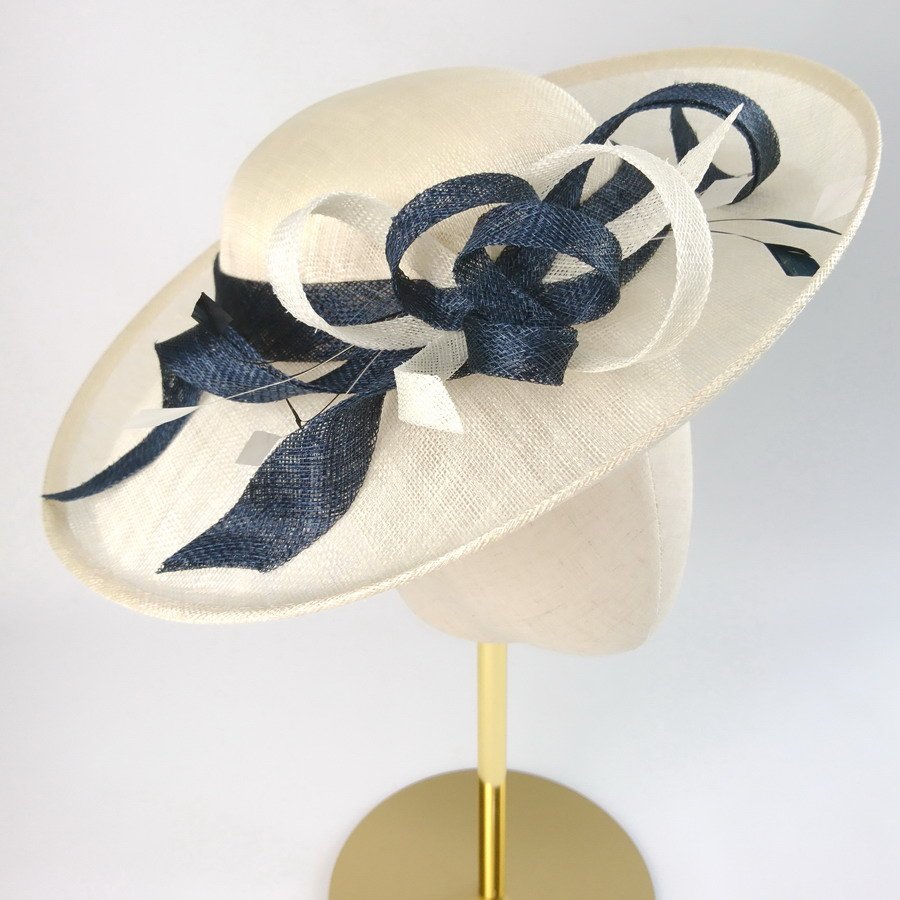 Bespoke Ivory and Navy Blue Brimmed Hat for a Wedding