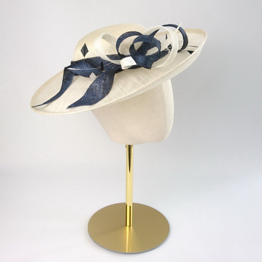 Elegant Ivory and Navy Blue Brimmed Hat for a Wedding