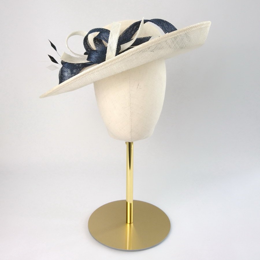 Ivory and Navy Blue Wedding Brimmed Hat with Feathers
