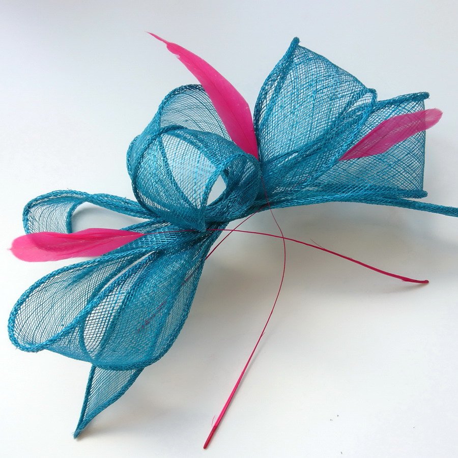Teal sinamay loops with pink coque feathers for a custom fascinator