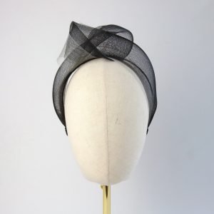 Black Grey Crinoline Knot Headband worn to the right of the head