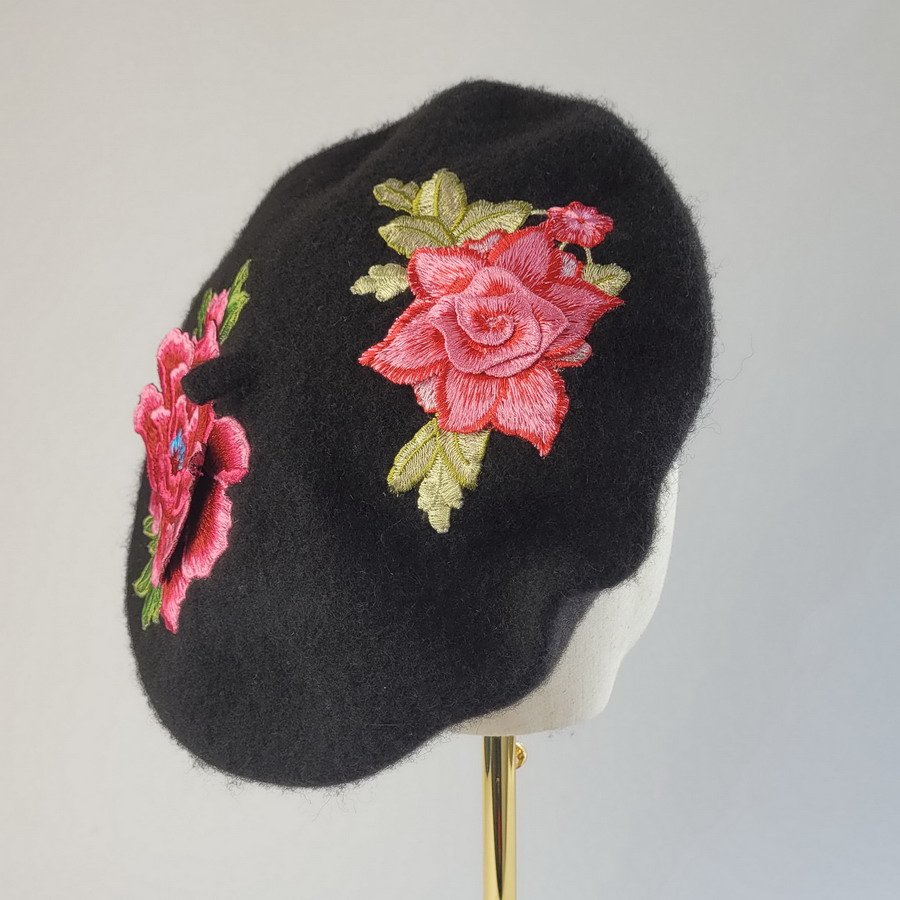 Black Beret with Pink Embroidery Flowers