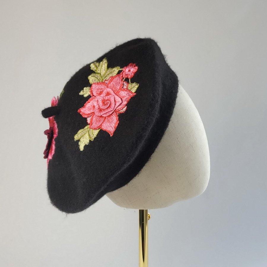 Black French Beret with Pink Embroidery Flowers