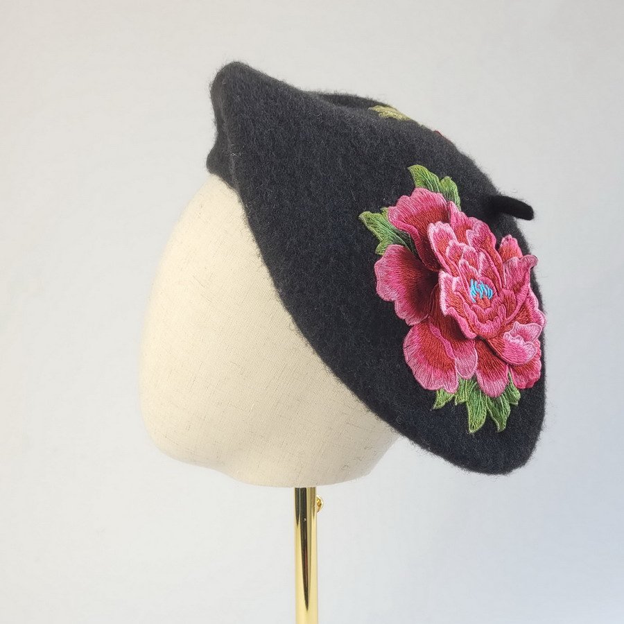 Black Winter Beret Hat with Pink Embroidery Flowers