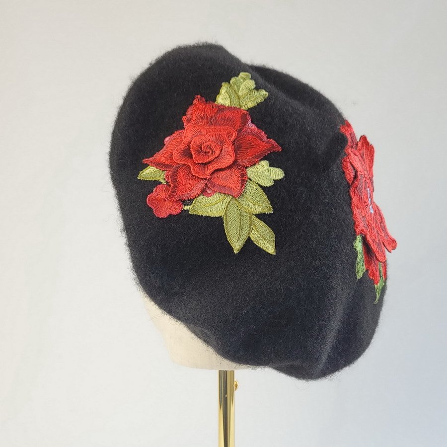 Black Beret with Red Embroidery Flowers