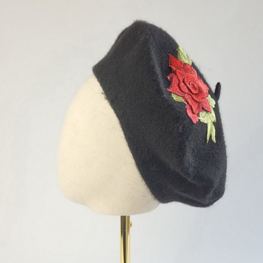 Black Winter Beret Hat with Red Embroidery Flowers