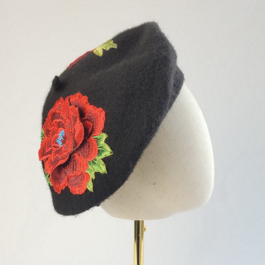 Black French Beret with Red Embroidery Flowers