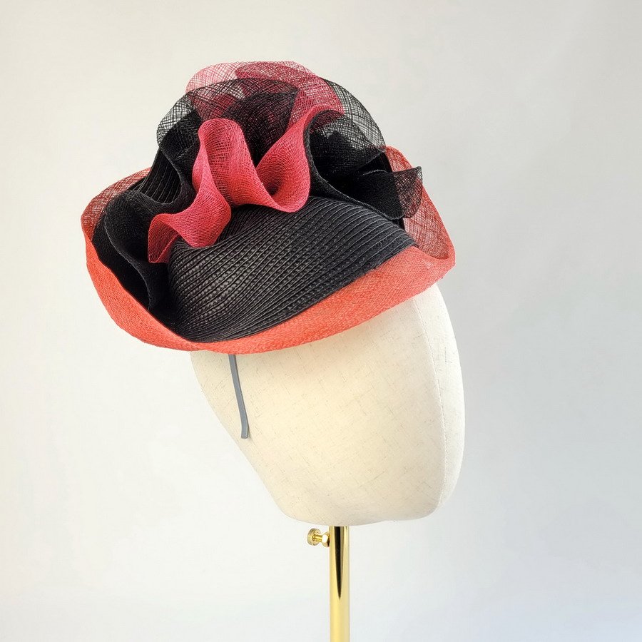Bespoke Wedding Fascinator in Red Black and Pink