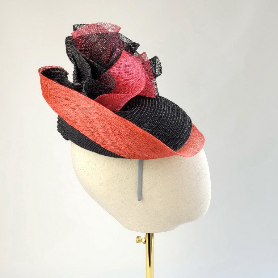 Wedding Headpiece in Black Red and Pink Sinamay