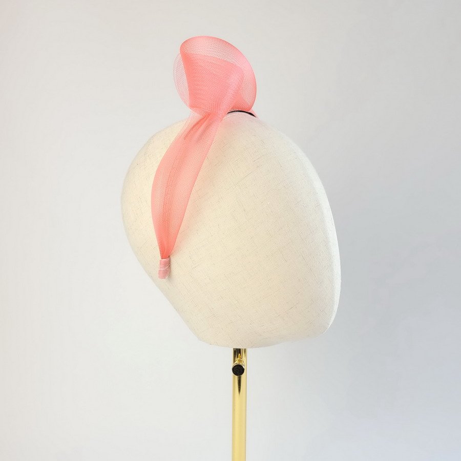 Coral pink wedding headband - worn to the right of the head
