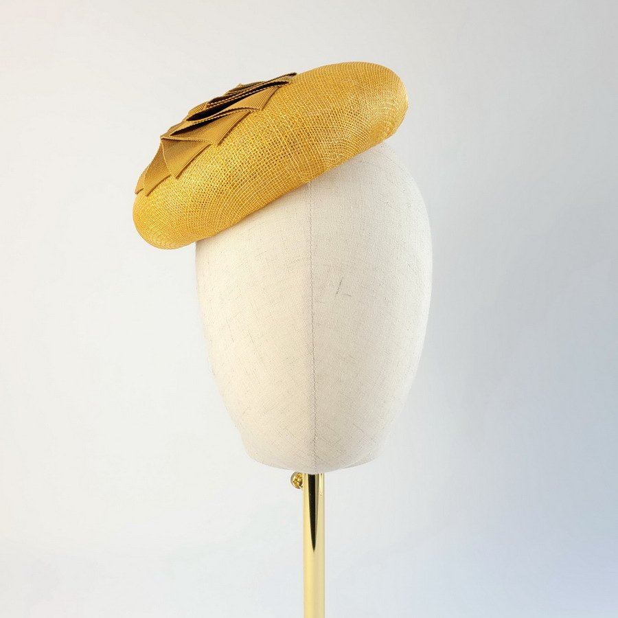 Mustard Sinamay Large Button Hat with Rosette