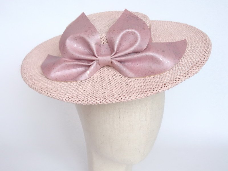 Handmade Pink Boater Hat made of Woven Paper Straw with a Cork Leather Bow