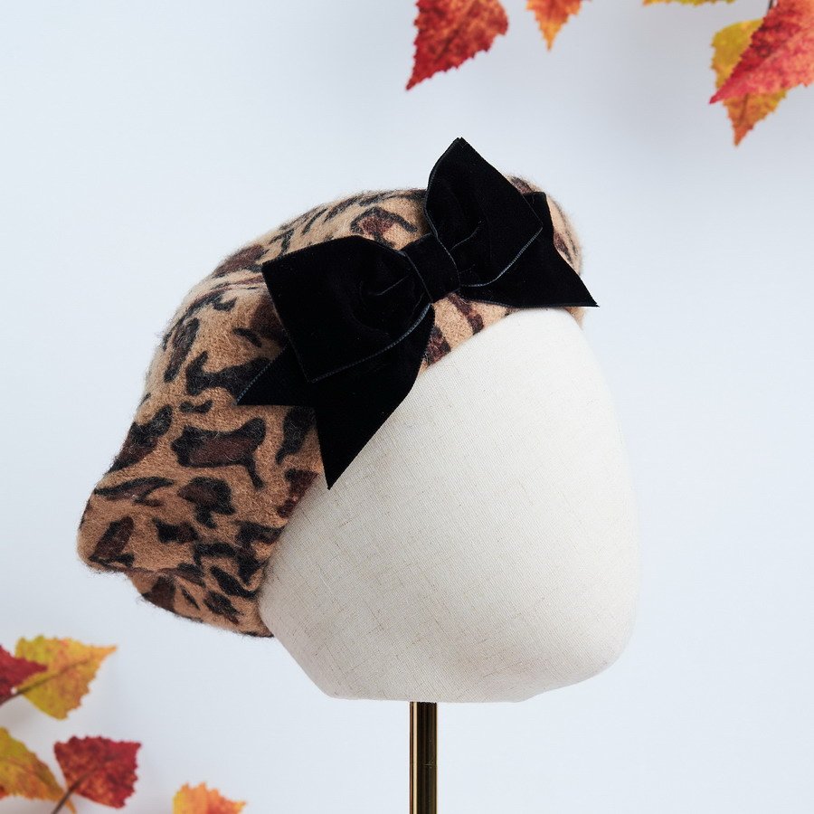 Leopard Beret with Black Velvet Ribbon Bow