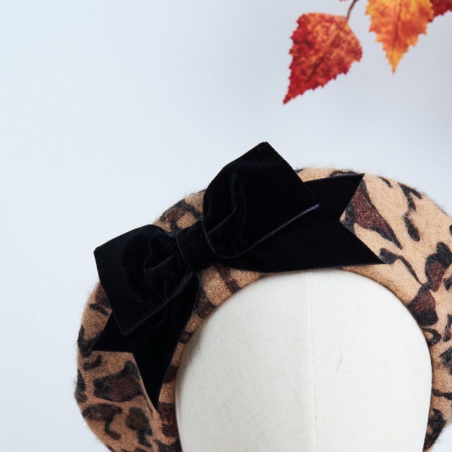 Leopard Beret with Black Velvet Ribbon Bow