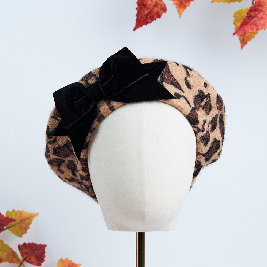 Leopard print Berets with Bows handmade by Imogen's Imagination