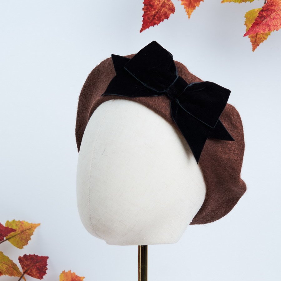 Brown Beret with Black Velvet Ribbon Bow