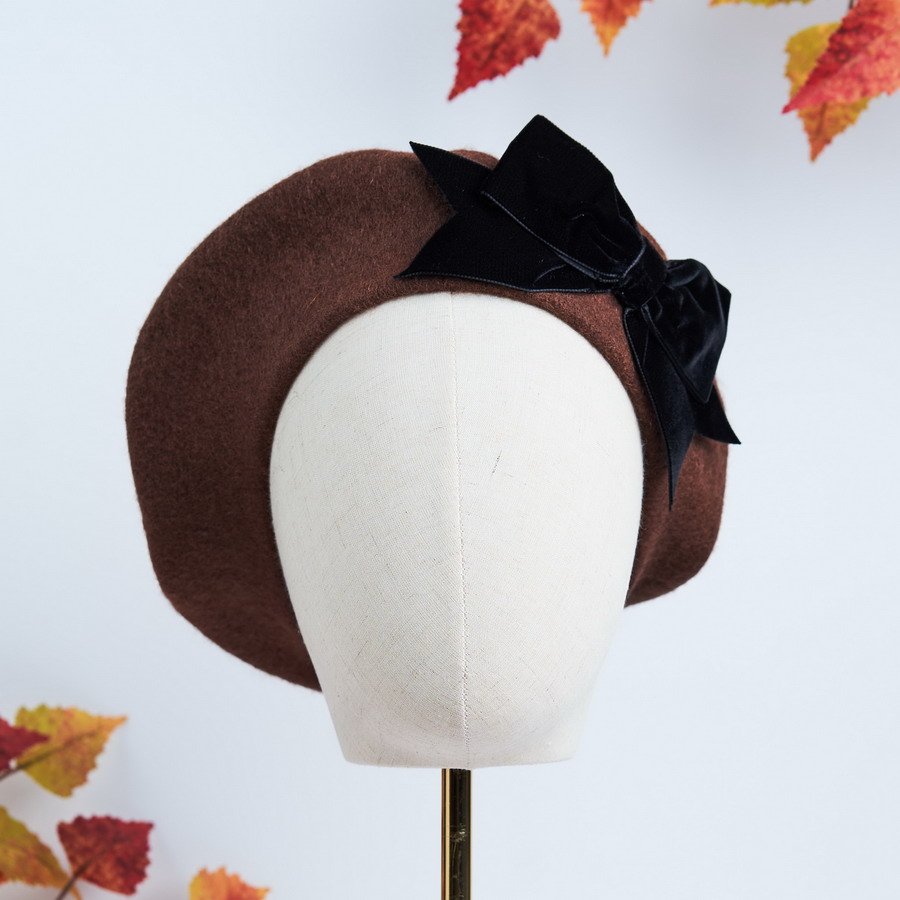 Brown Beret with Black Velvet Ribbon Bow