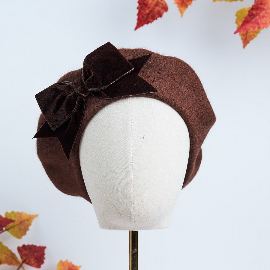Brown Beret with Brown Velvet Ribbon Bow