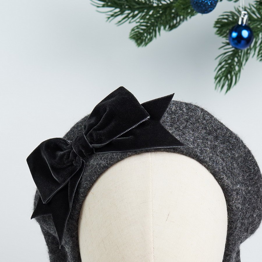 Charcoal Grey Beret with Charcoal Velvet Ribbon Bow