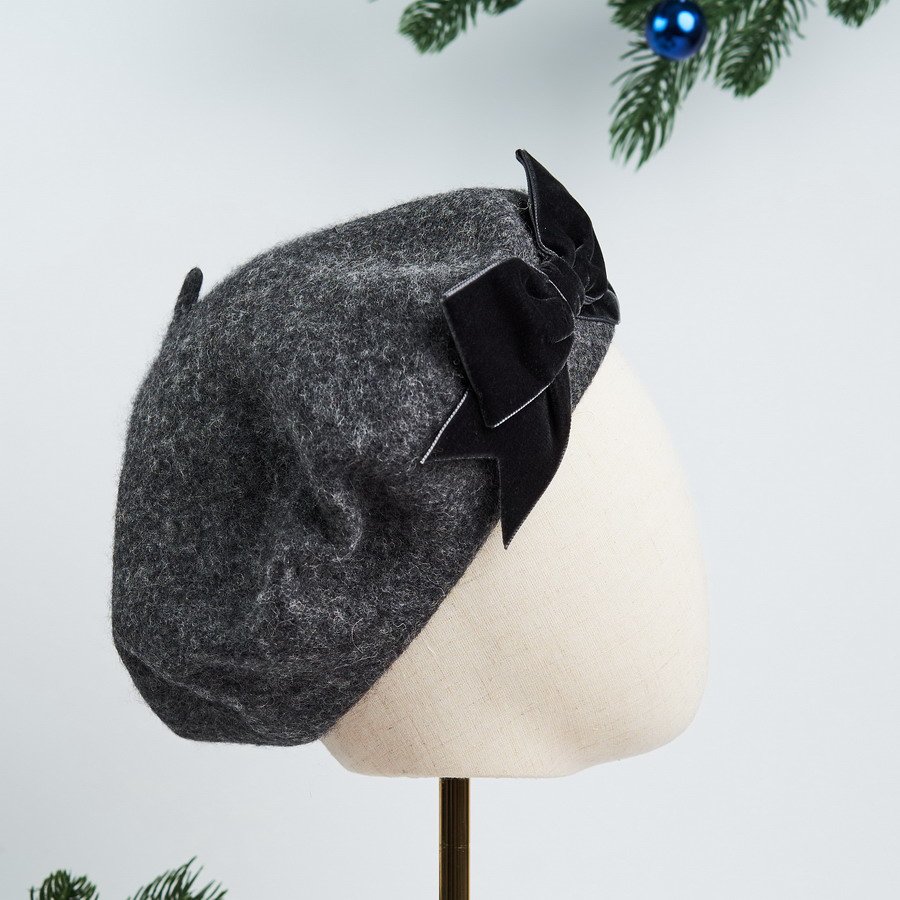 Grey Wool Felt Beret Hat with Bow handmade by Imogen's Imagination