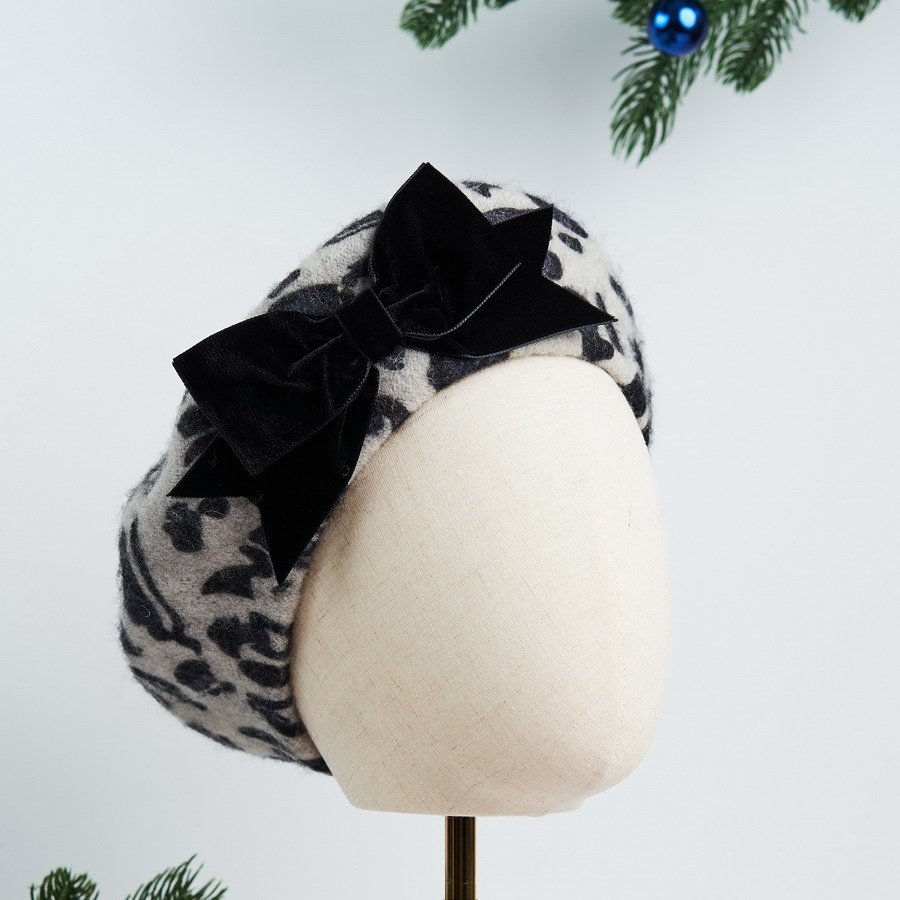 Grey Leopard Beret with Black Velvet Ribbon Bow