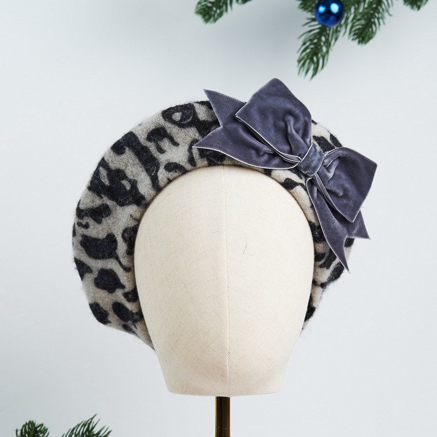 Grey Leopard Beret with Grey Velvet Ribbon Bow