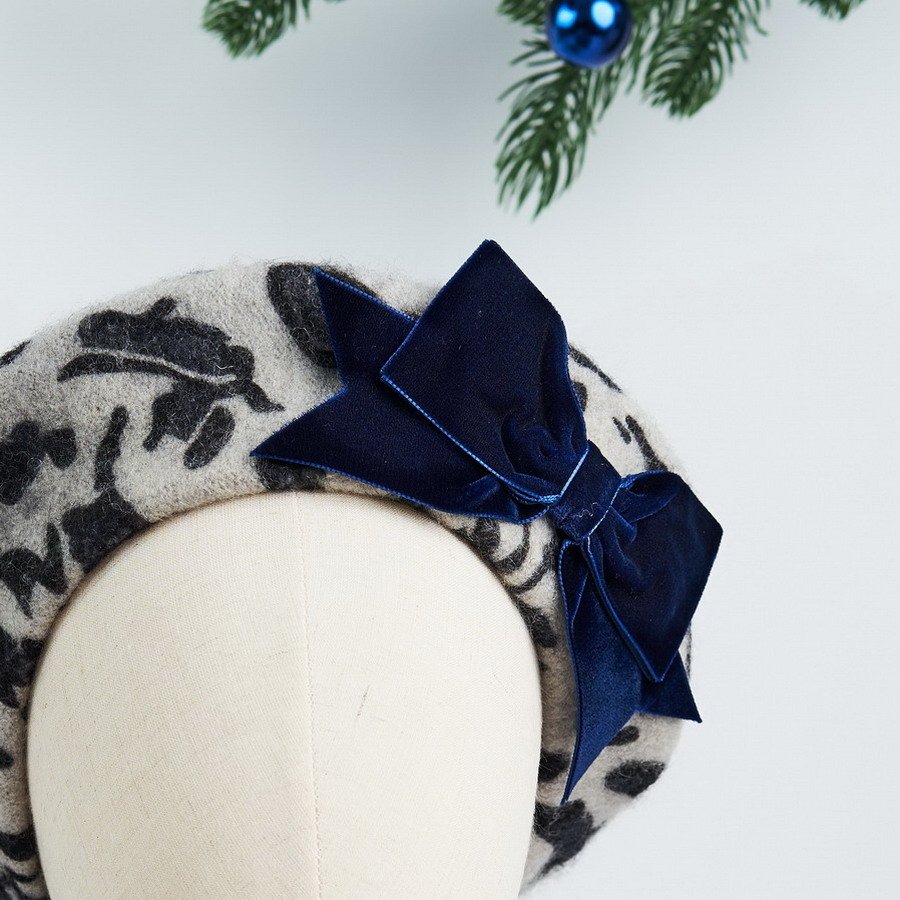 Grey Leopard Beret with Navy Velvet Ribbon Bow