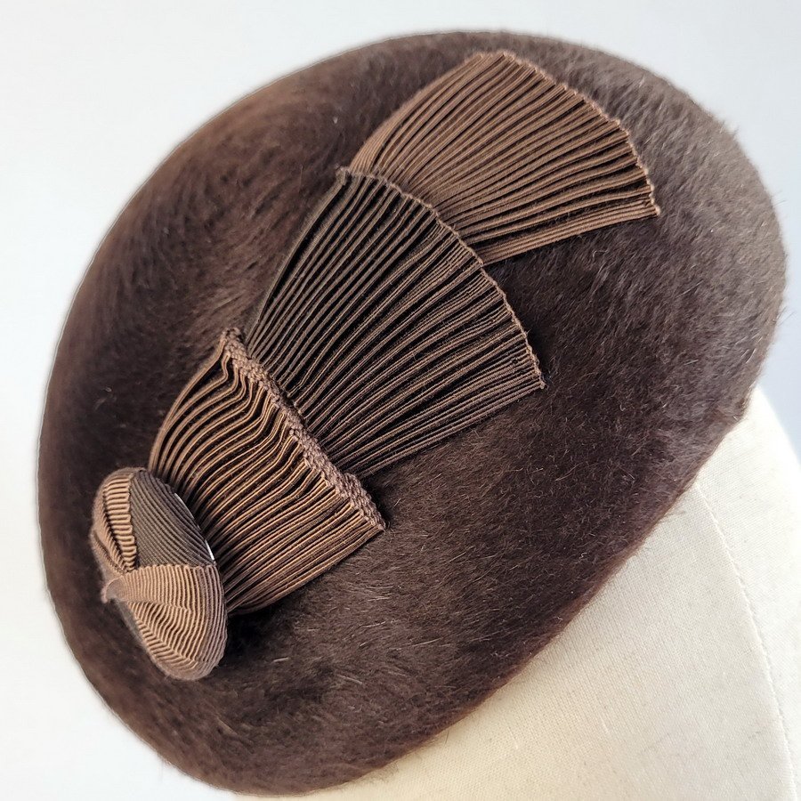 Brown Felt Hat with Ribbon Fans and Button handmade by Imogen's Imagination