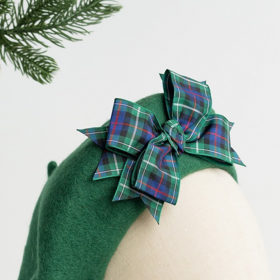 Emerald Green Beret with Mackenzie Tartan Ribbon Bow