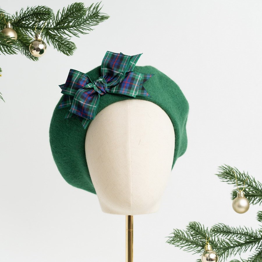 Emerald Green Beret with Mackenzie Tartan Ribbon Bow