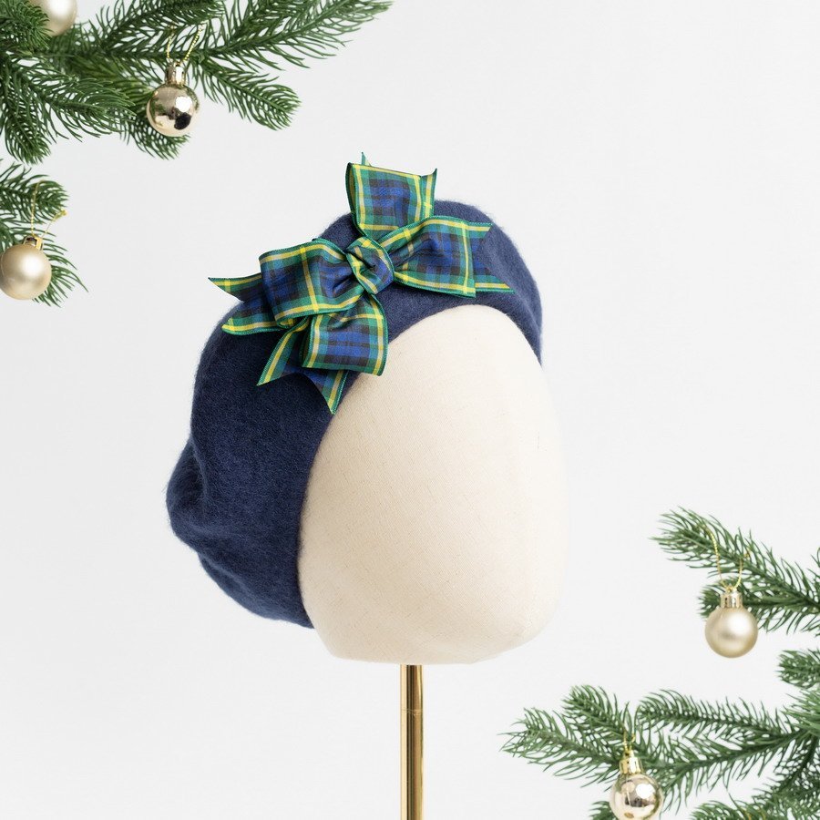 Navy Blue Beret with Gordon Tartan Ribbon Bow
