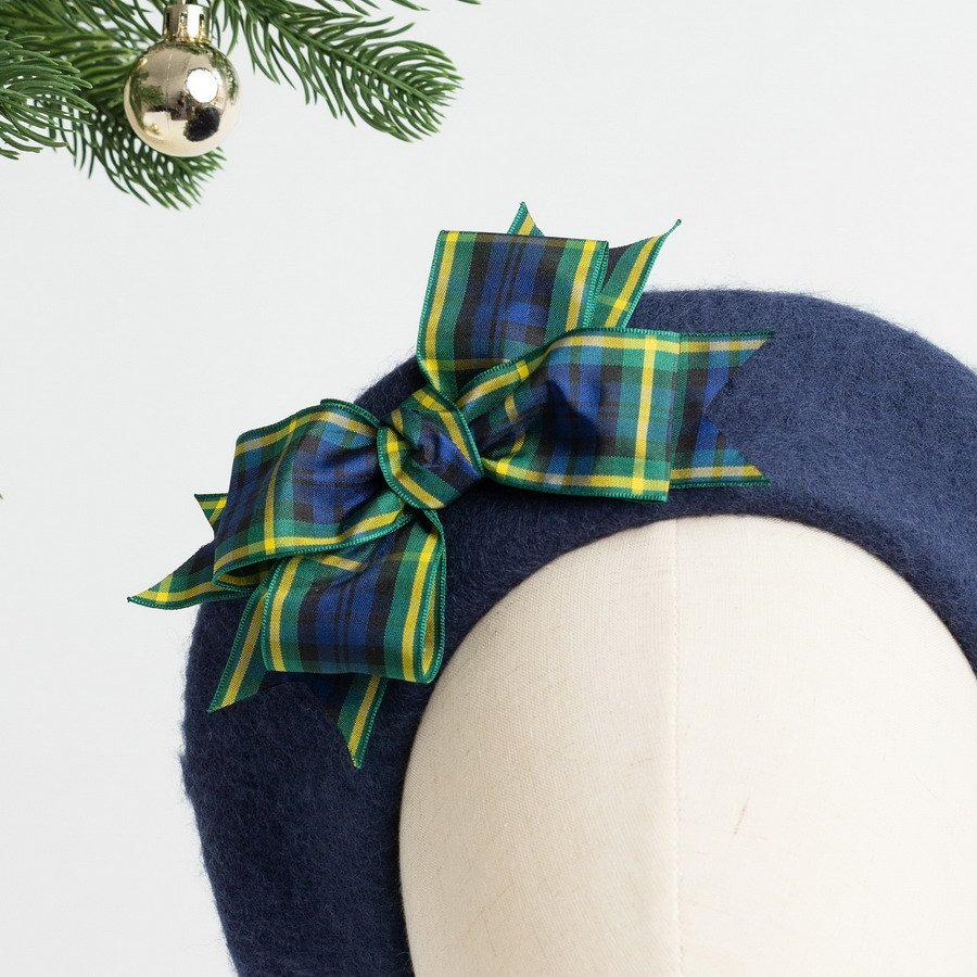 Navy Blue Beret with Gordon Tartan Ribbon Bow