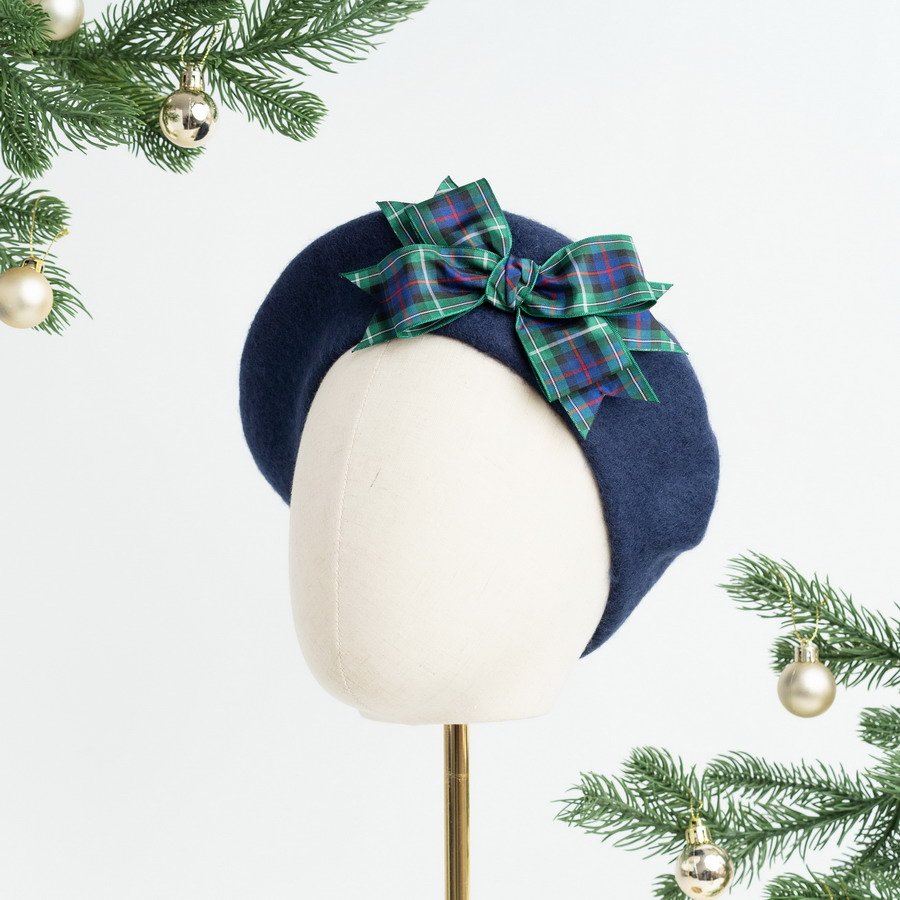 Navy Blue Beret with Mackenzie Tartan Ribbon Bow