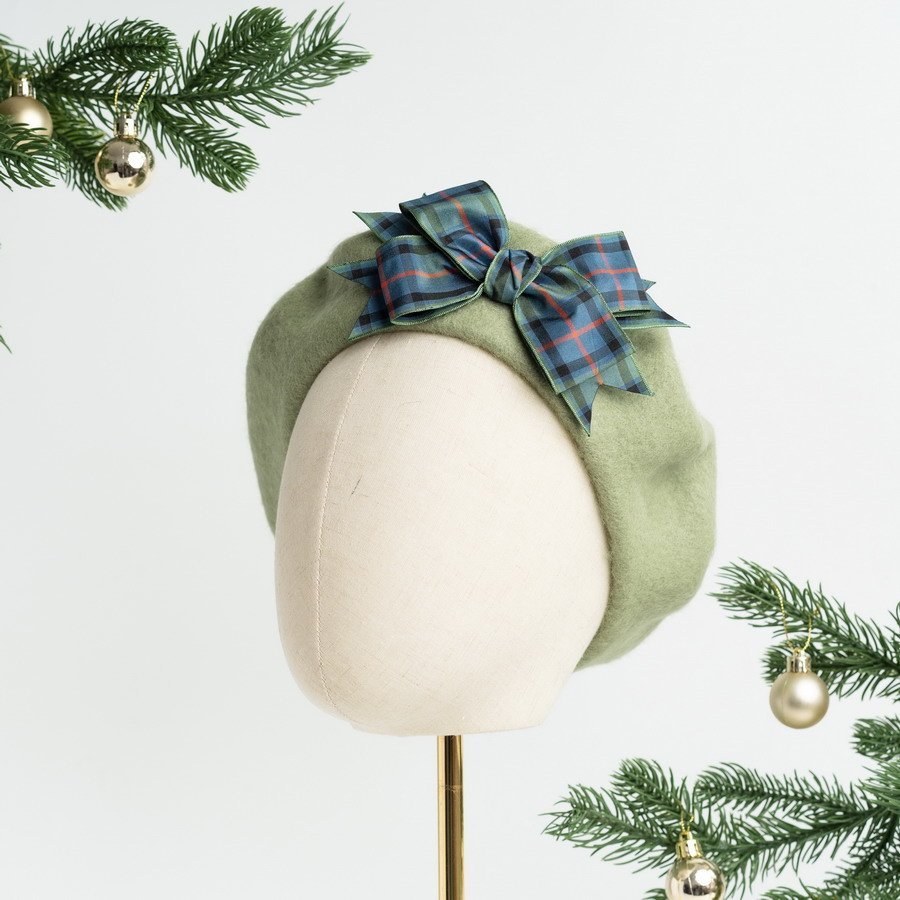Sage Green Beret with Flower of Scotland Tartan Ribbon Bow