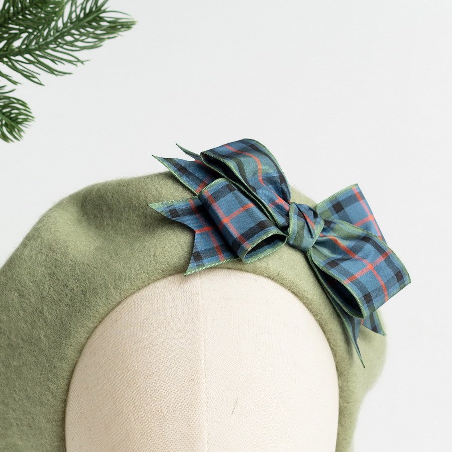 Sage Green Beret with Flower of Scotland Tartan Ribbon Bow