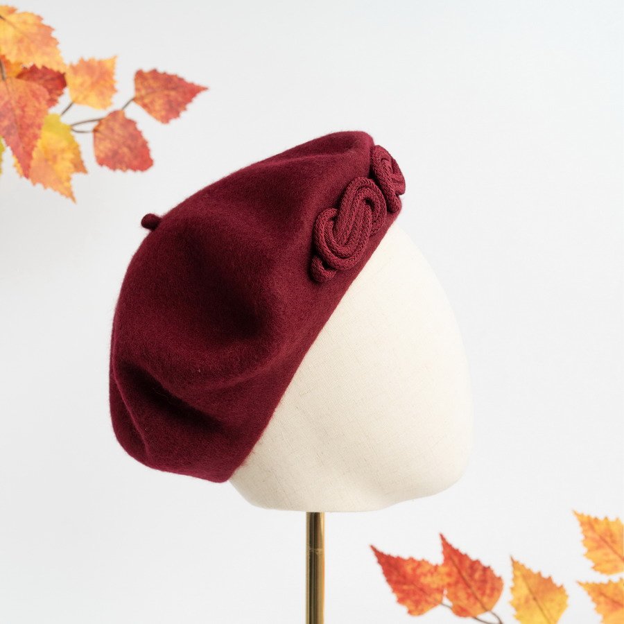 Burgundy women's winter hat with handmade decoration by Imogen's Imagination