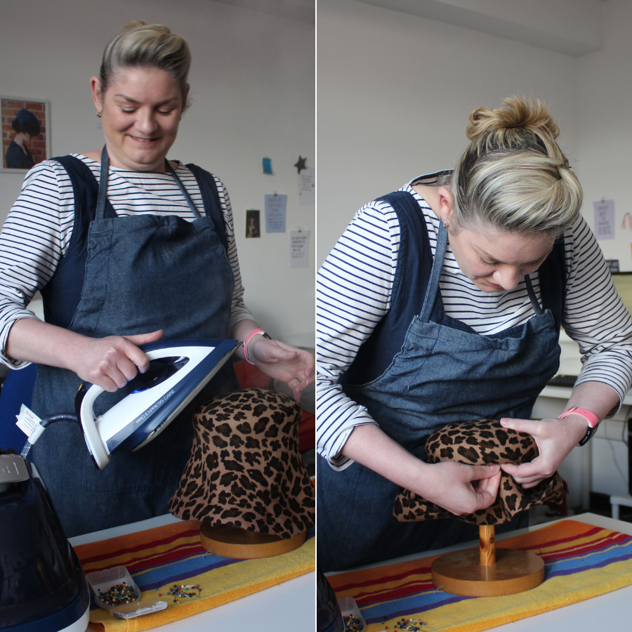 Sophie blocking a hat in her workspace at Exchange Place Studios in Sheffield