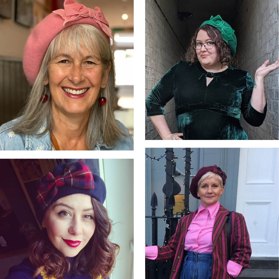 A collage of Imogen's Imagination customers wearing their berets and smiling with happiness