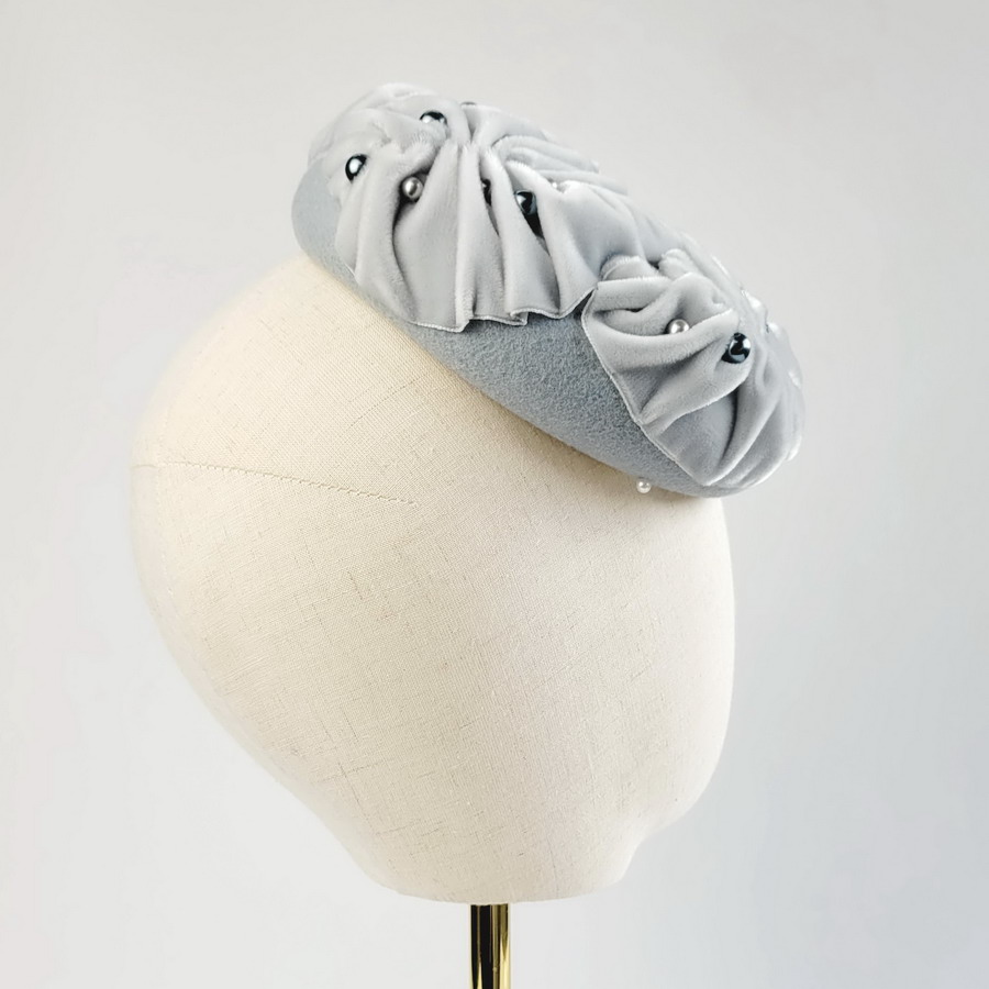 Detail Ice blue felt and velvet race day hat handmade by Imogen's Imagination
