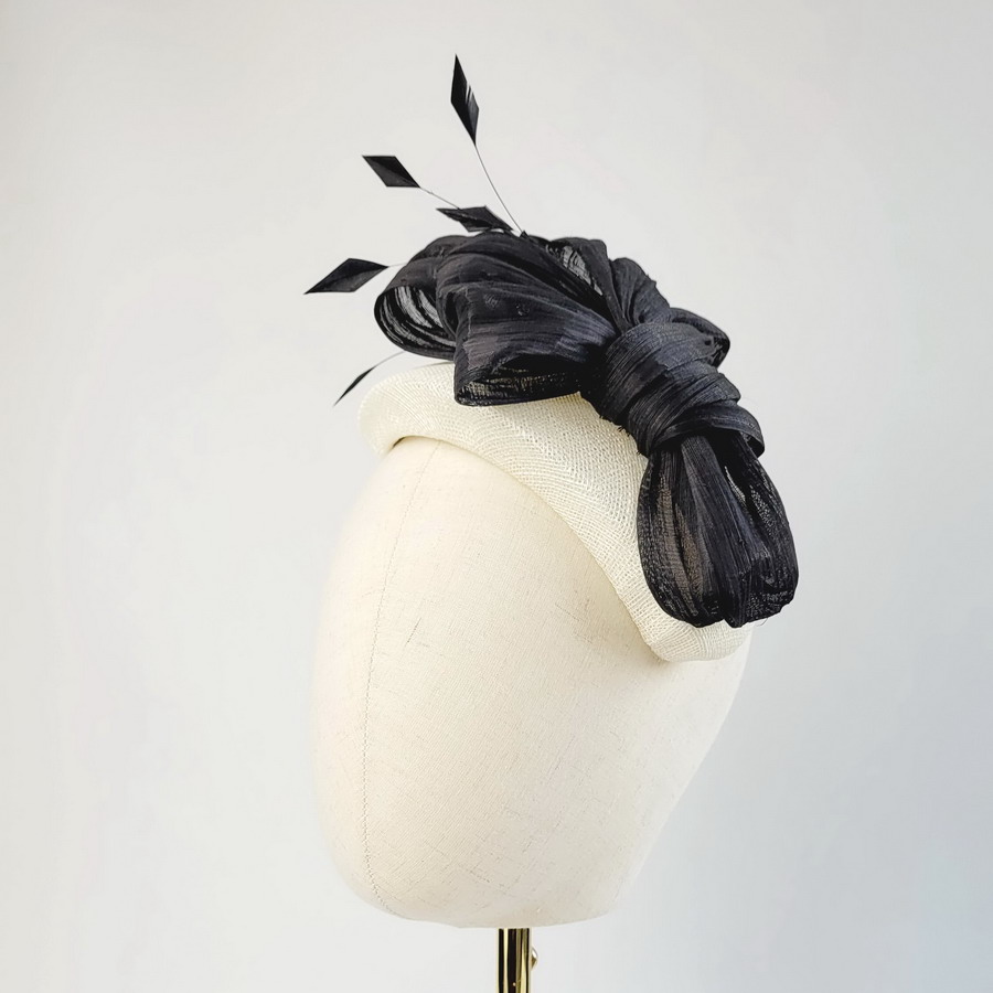 Ivory and black Mother of the Groom hat with feathers