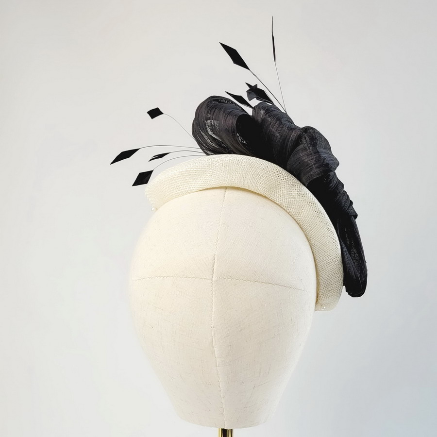 Back view of Spring race day hat in ivory and black
