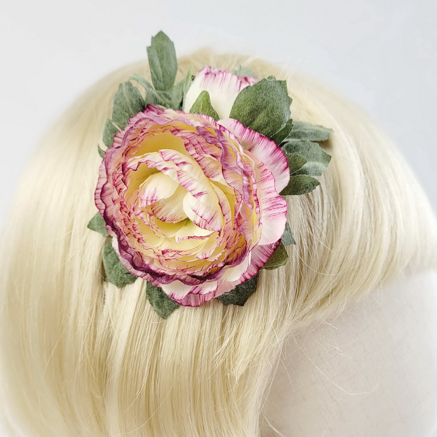 Ivory Purple Ranunculus Flower Hair Clip - Image 5