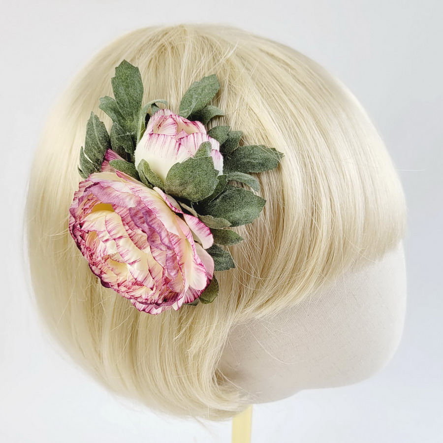 Ivory Purple Ranunculus Flower Hair Clip